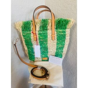 FRANCES VALENTINE Alfie French Straw & Leather Tote Bag, Green Stripe, NWT